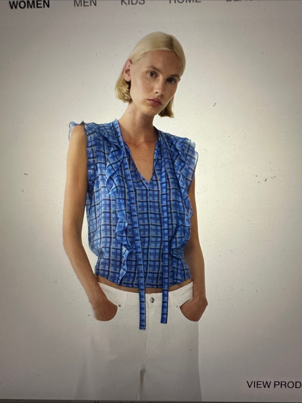 H&M Blue Plaid Flounced V-Neck Sleeveless Top